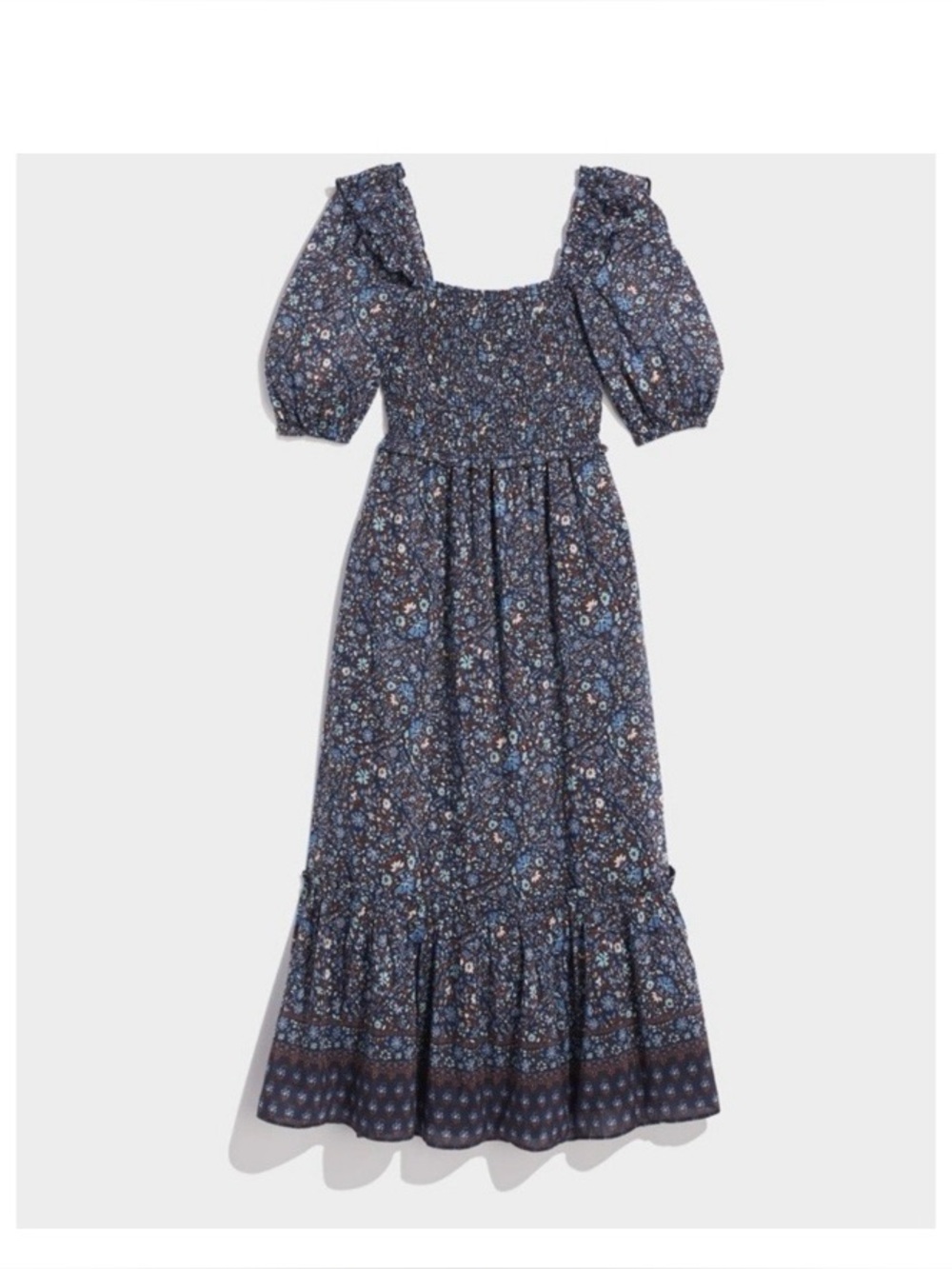 Vineyard Vines Dress Womens XL Blue Floral Smocked Puff Sleeve Midi Cottage Silk
